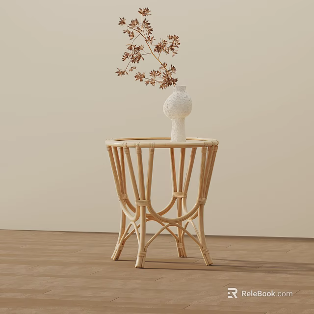 Natural Rattan Side Table With White Vase And Brown Branches In Interior 3d model 