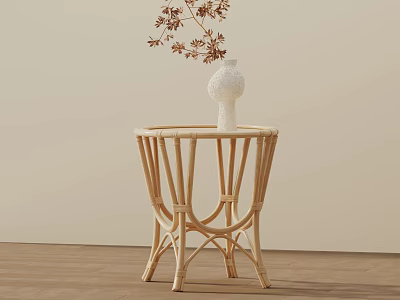 Natural Rattan Side Table With White Vase And Brown Branches In Interior 3d model