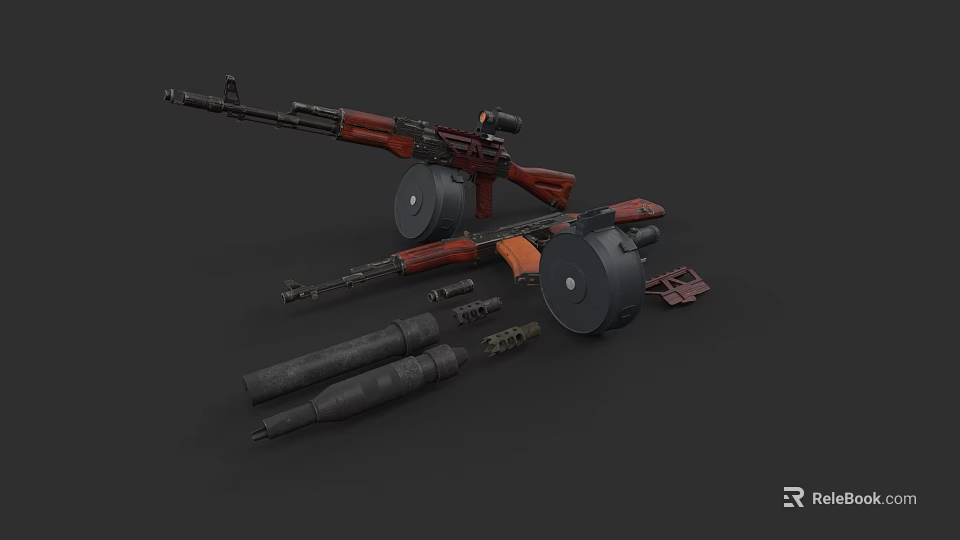 Highly Detailed Tactical Military Weapon Rifle With Ammunition Wheels And Parts 3d model 