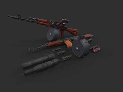 Highly Detailed Tactical Military Weapon Rifle With Ammunition Wheels And Parts 3d model