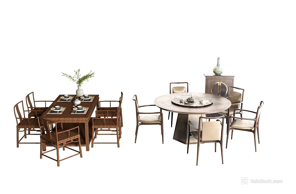 Rectangular And Round Wooden Dining Table Set With Chairs And Decorative Vase 3d model