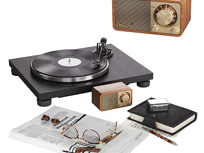 Vintage Audio Equipment Setup With Turntable Radio Open Newspaper Eyeglasses Notebook And Pen 3d model