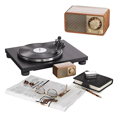 Vintage Audio Equipment Setup With Turntable Radio Open Newspaper Eyeglasses Notebook And Pen 3d model