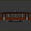 Vintage Red Tram with Multiple Windows Open Doors and Overhead Tram Line