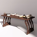 Dark Brown Wooden Side Table with Classical Scrolls and Cup on Top 3d model