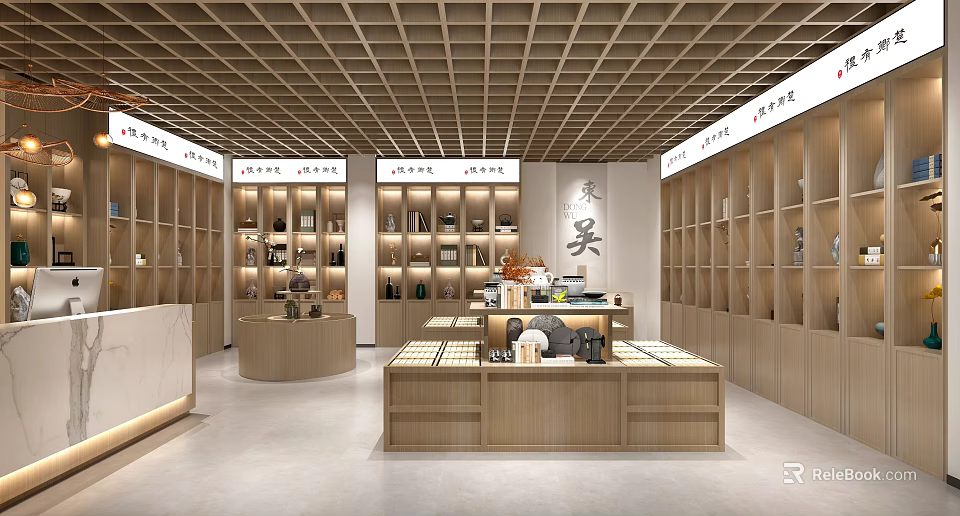 Elegant Shopping Mall Store Interior With Wooden Shelves Display Counters And Warm Lighting 3d model 