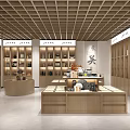 Elegant Shopping Mall Store Interior With Wooden Shelves Display Counters And Warm Lighting