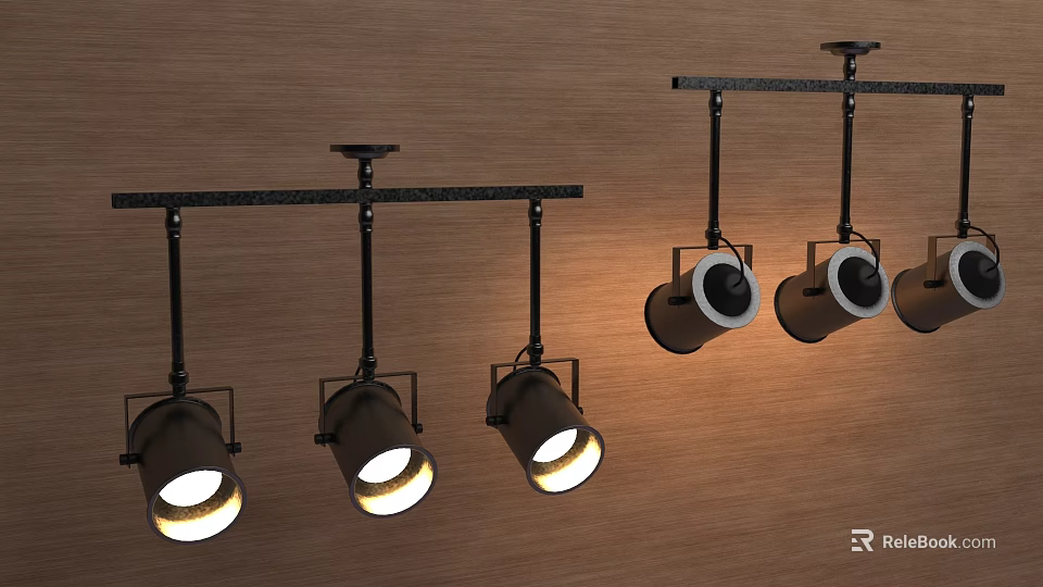 Modern Track Mounted Downlights And Spotlights With Bright Lighting On Wooden Background 3d model 
