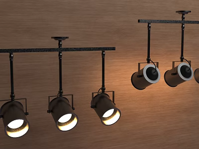 Modern Track Mounted Downlights And Spotlights With Bright Lighting On Wooden Background 3d model