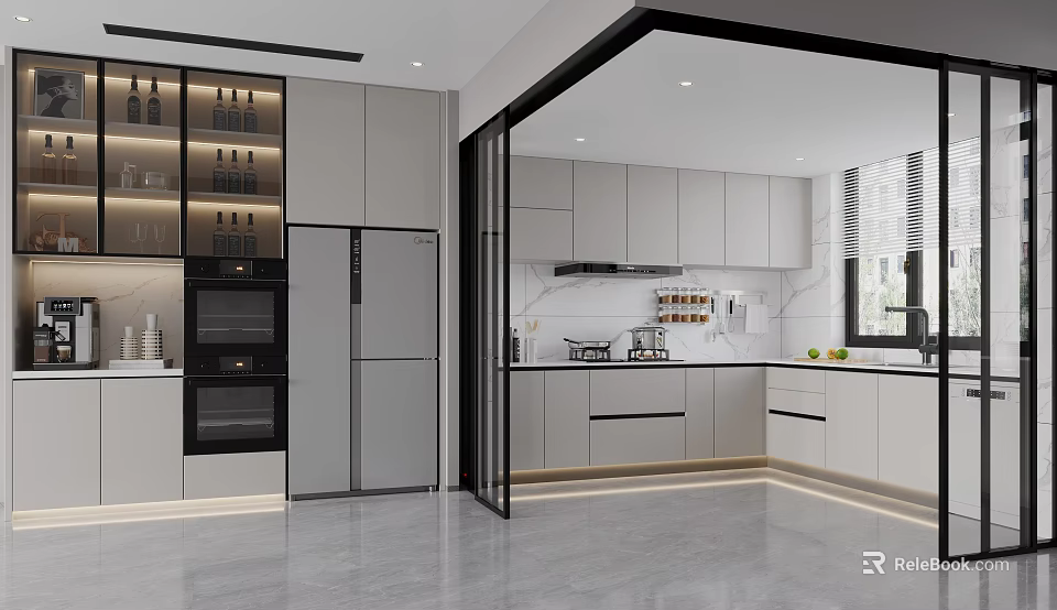 Modern Kitchen Interior With White Cabinets Refrigerator Oven Countertop And Gray Flooring 3d model 