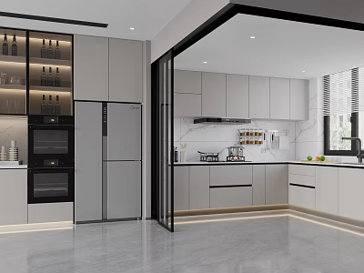 Modern Kitchen Interior With White Cabinets Refrigerator Oven Countertop And Gray Flooring 3d model