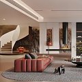 Modern Living Room Interior With Brown Sofa Bookshelf Telescope And Decorative Rug