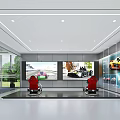 Spacious Modern Car Showroom With White Racing Car Blue Sports Car Large Windows And Furniture