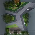 Serene Office Landscape With Lush Trees Green Lawns Geometric Beds And Paved Ground