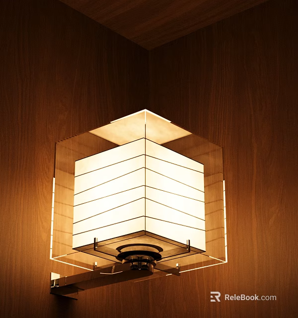 Modern Hexagonal Wall Lamp with Striped White Shade on Wooden Wall Emitting Warm Glow 3d model 