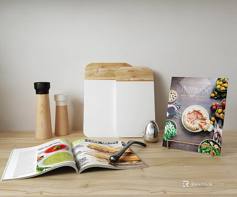 Essential Kitchen Utensils on Wooden Tabletop with Open Magazine Pepper Grinders Cutting Board and Cookbook 3d model 