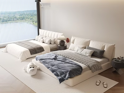 Modern Double Bed Bedroom Interior With White Frame Gray Quilt Pillows Nightstand And Lake View 3d model
