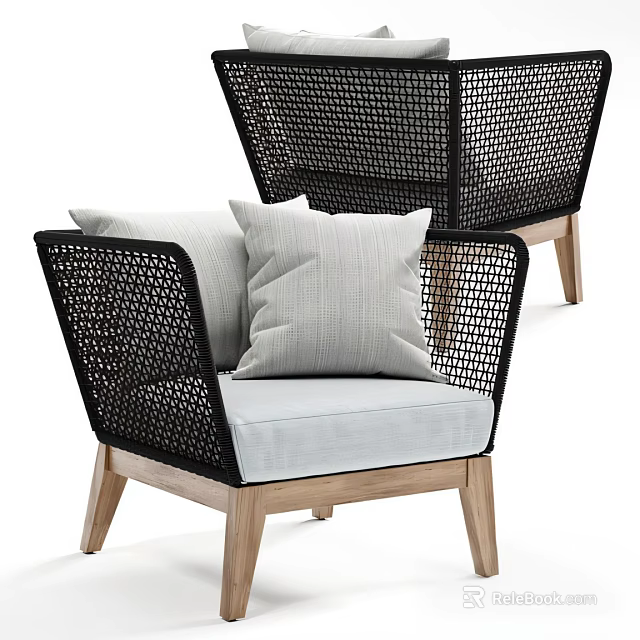 Modern Rattan Lounge Chair With Wooden Legs And Soft Gray Seat Cushions 3d model 