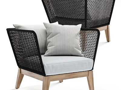 Modern Rattan Lounge Chair With Wooden Legs And Soft Gray Seat Cushions 3d model