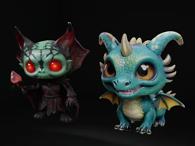 Decorative Ornament Set Featuring Green Demon And Blue Dragon Figurines With Wings Horns 3d model