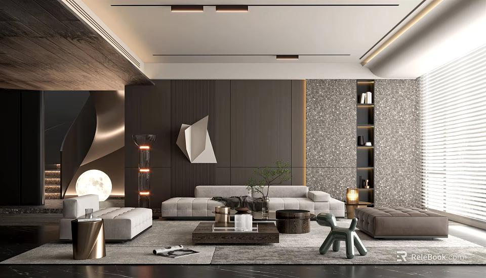 Modern Living Room With Sofa Coffee Table Geometric Wall Decor Lighting And Bookshelf 3d model 
