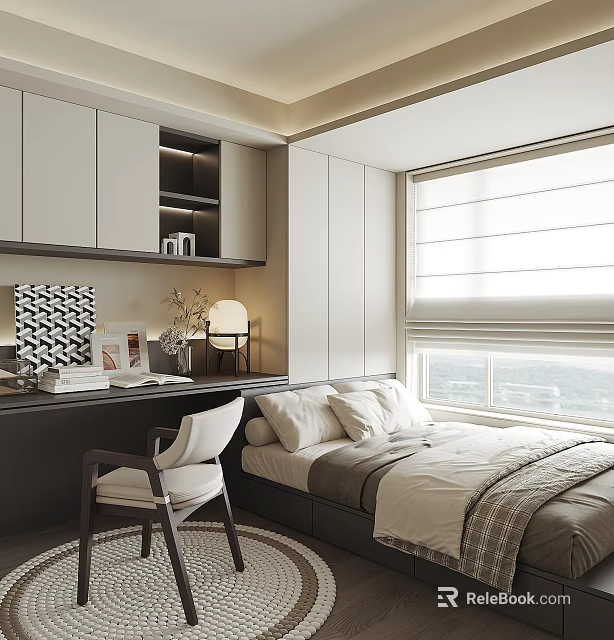 Tatami Bedroom Interior With Platform Bed Storage Cabinets Window Blinds Desk And Chair 3d model 