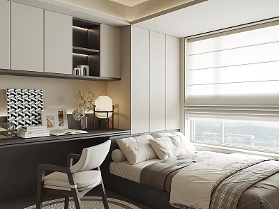 Tatami Bedroom Interior With Platform Bed Storage Cabinets Window Blinds Desk And Chair 3d model
