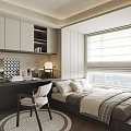 Tatami Bedroom Interior With Platform Bed Storage Cabinets Window Blinds Desk And Chair