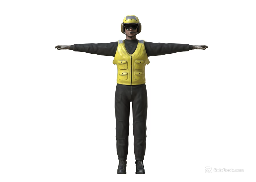 Man in Yellow Vest and Black Clothing with Helmet Sunglasses Arms Outstretched 3d model 