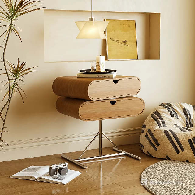 Stylish Wooden Nightstand With Two Drawers Metal Stand Floor Lamp Plant And Wall Art 3d model 