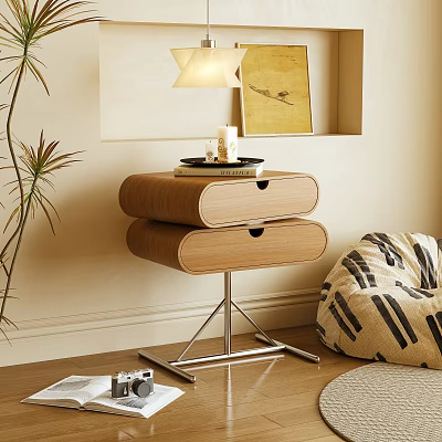 Stylish Wooden Nightstand With Two Drawers Metal Stand Floor Lamp Plant And Wall Art 3d model