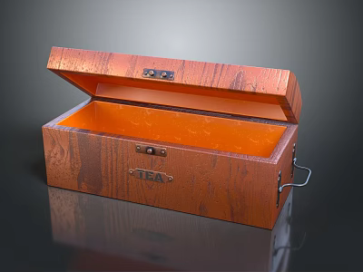 Open Wooden Tea Box Featuring Orange Interior Wooden Texture And Metal Latches Handles 3d model