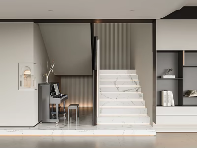 Modern Minimalist Interior With White Marble Stairs Piano And Bookshelves 3d model
