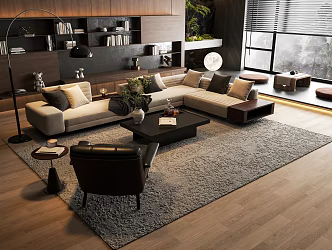 Minotti Modern Roger Sofa Coffee Table Combo 3d model