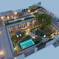 Garden Landscape Design With Pool Wooden Deck Trees Lighting And Seating Area