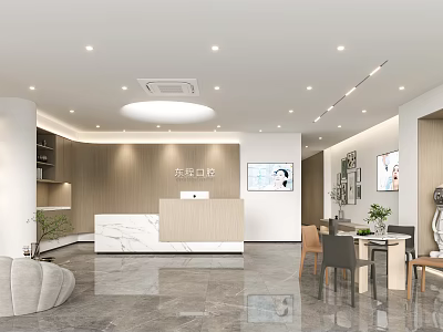 Modern Dental Clinic Reception Area With Marble Counter Seating And Artworks 3d model