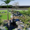 Park Landscape With Green Lawn Water Feature Stone Pathway Small Bridge And Plants
