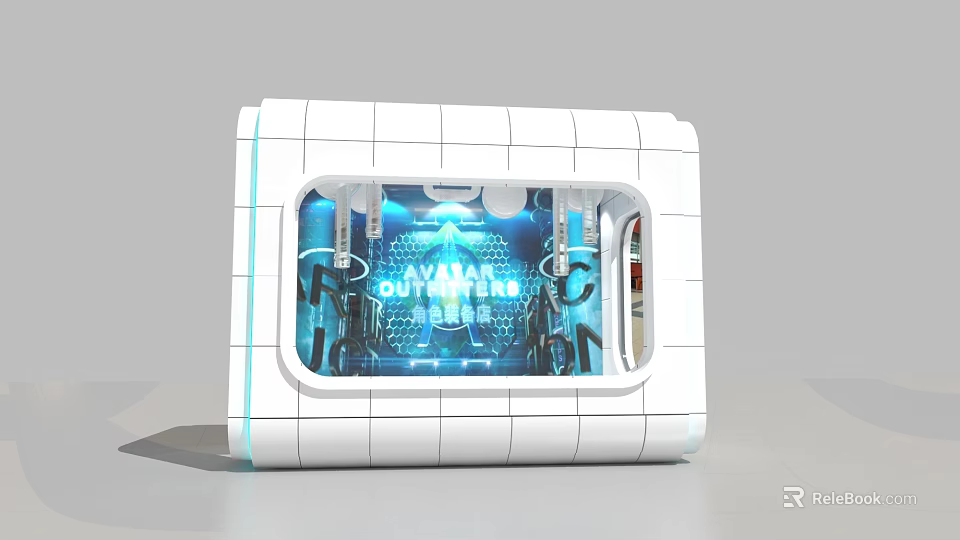 Futuristic Photo Spot With White Grid Structure And Blue Illuminated Window Elements 3d model 