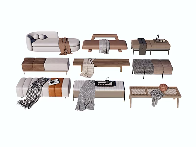 Various Styles of Bed Bench with Upholstered Seats Wooden Frames and Blankets 3d model