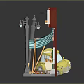 Miniature Model Street Scene With Orange Buildings Colorful Awnings Street Lamps Tables And Chairs
