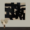 Black And White Abstract Painting Hanging On Wall With Palm Leaf Vase