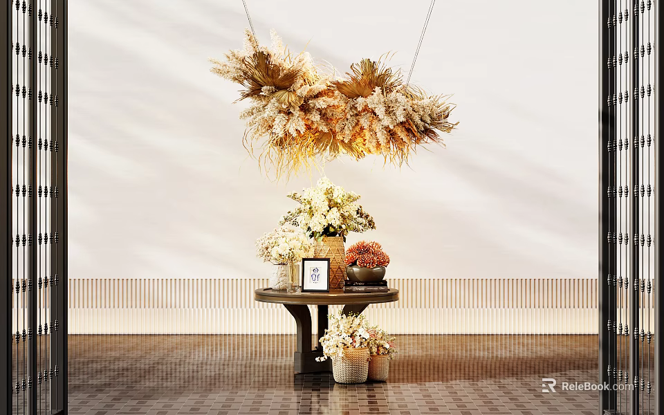 Elegant Console Table With Hanging Dried Flowers Decorative Frame And Potted Plants 3d model 