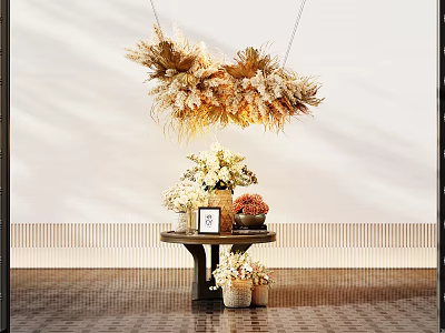Elegant Console Table With Hanging Dried Flowers Decorative Frame And Potted Plants 3d model