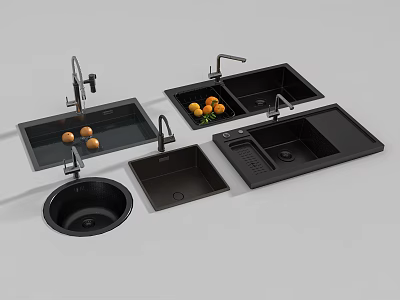 Black Kitchen Sinks With Different Styles And Faucets Displaying Oranges On Surface 3d model