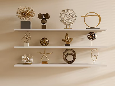 Elegant Metallic Decorative Ornaments Set With Geometric Shapes On White Shelves 3d model