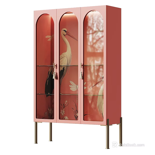 Stylish Pink Decorative Cabinet With Glass Doors Crane Patterns And Gold Legs 3d model 
