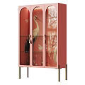 Stylish Pink Decorative Cabinet With Glass Doors Crane Patterns And Gold Legs