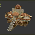 Cartoon Building Scene With Red Tiled Roofs Balconies Wooden Staircase And Stone Base