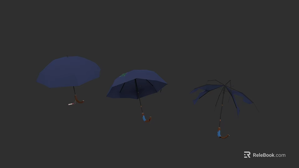 Three Blue Umbrellas in Different States Open and Broken 3D Render 3d model 