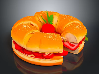 Delicious Ring Shaped Sandwich With Sesame Seeds Red Strawberry Green Leaves Tomato And Sausage 3d model